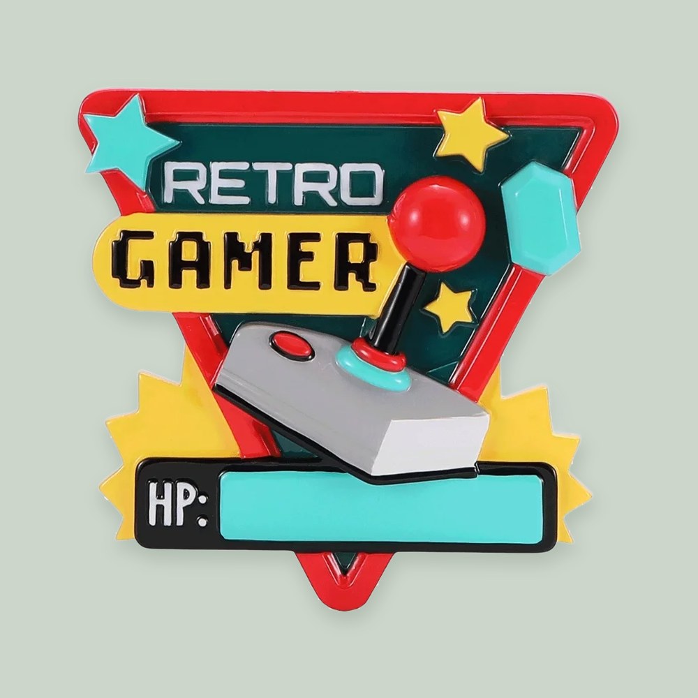 Retro Gamer ornament on a sage green background