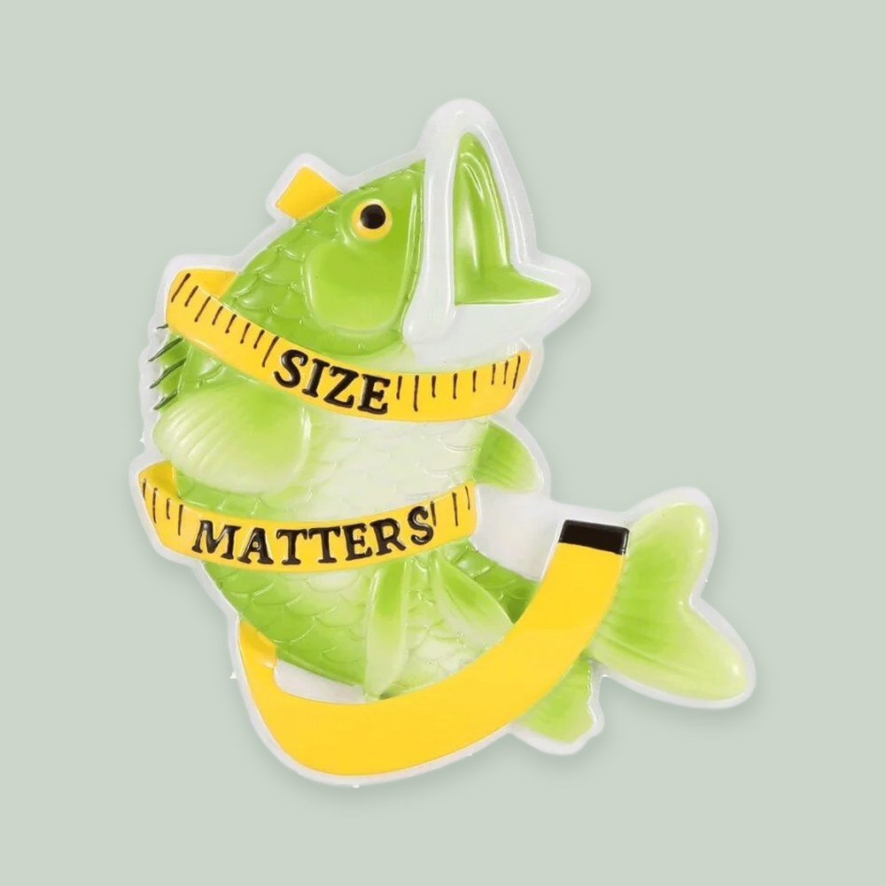 Fish Size Matters ornament on a sage green background