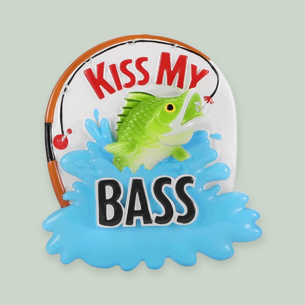 Kiss My Bass ornament on a sage green background