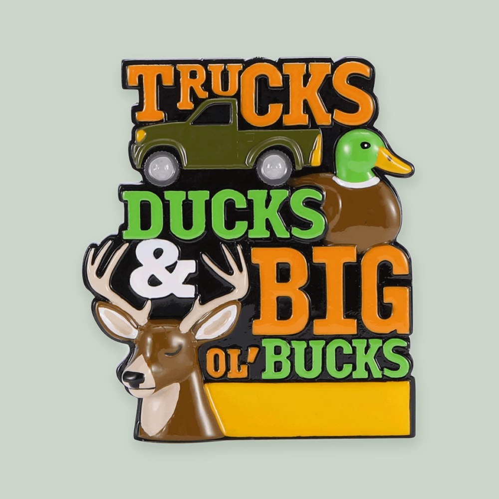 Trucks, Ducks and Big Ol Bucks ornament on a sage green background