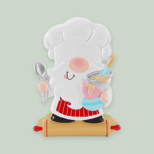 Chef Gnome ornament on a sage green background