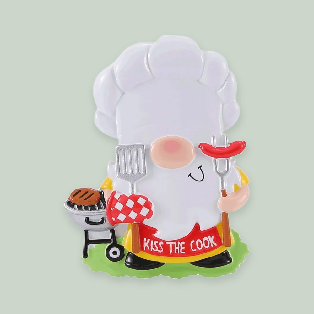 BBQ Chef Gnome ornament on a sage green background