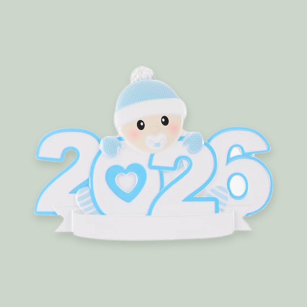 Baby's First Christmas 2026 — Blue ornament on a sage green background