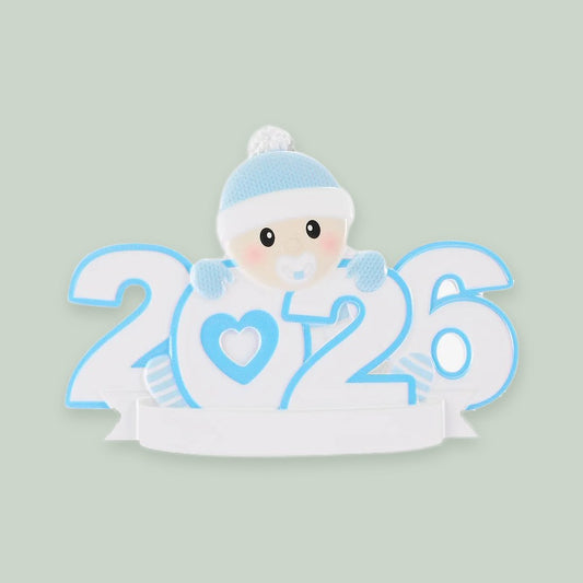 Baby's First Christmas 2026 — Blue ornament on a sage green background