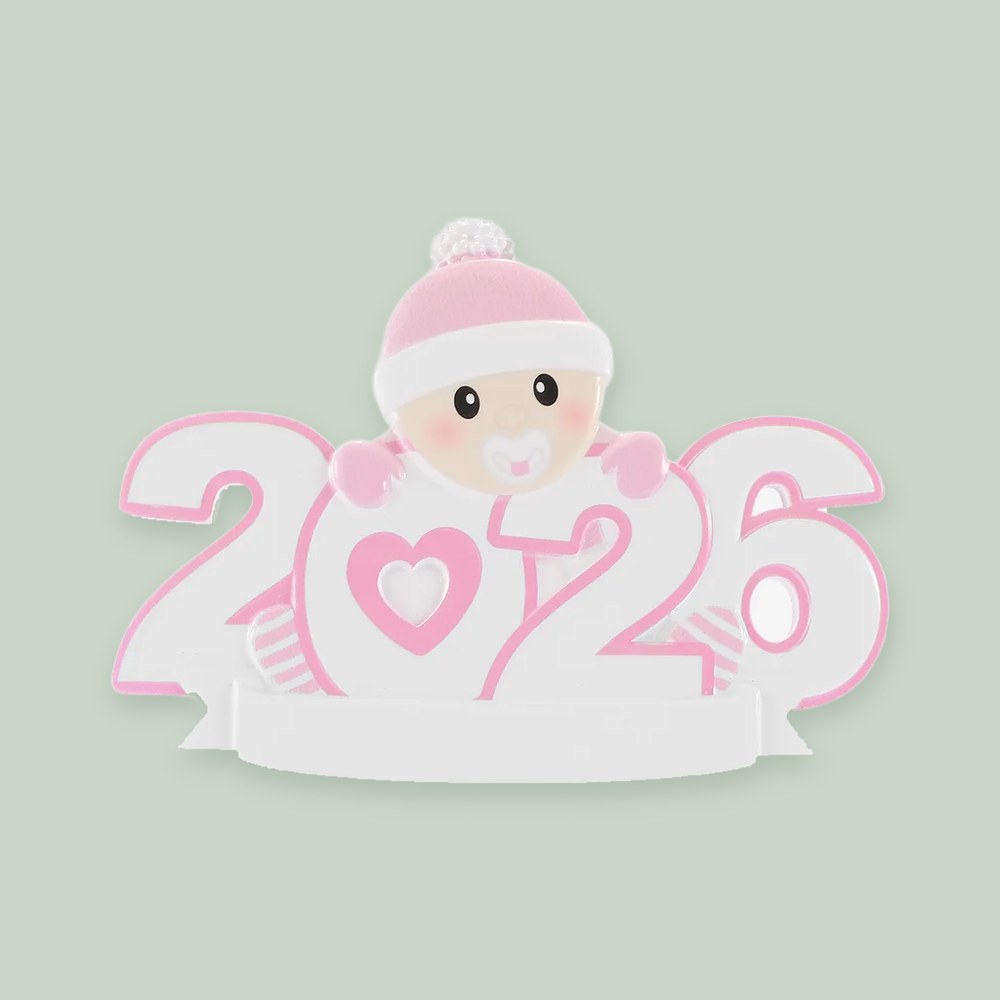 Baby's First Christmas 2026 — Pink ornament on a sage green background