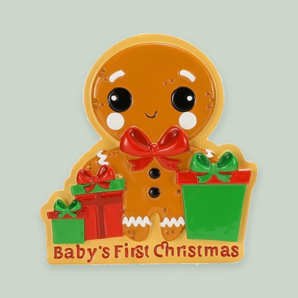 Gingerbread Baby ornament on a sage green background