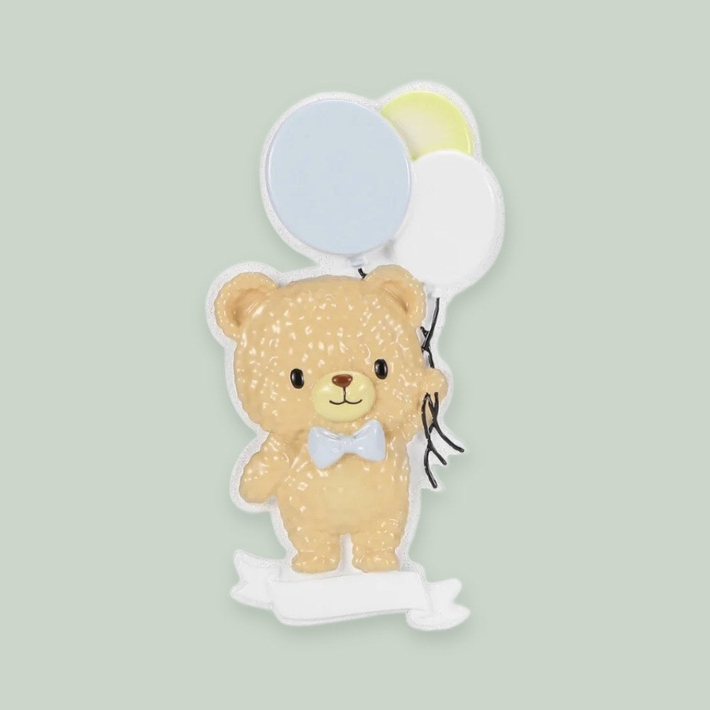 Bear with Balloons- Blue ornament on a sage green background