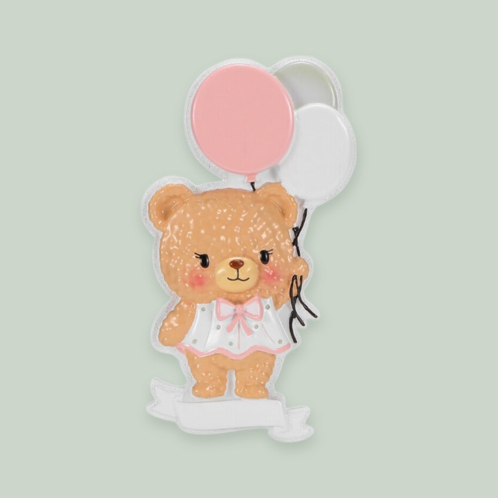 Bear with Balloons- Pink ornament on a sage green background