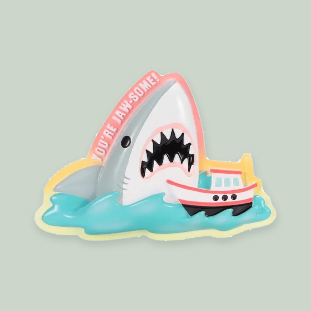 You’re Jaw-Some Shark ornament on a sage green background