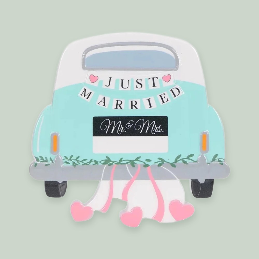 Just Married Car ornament on a sage green background