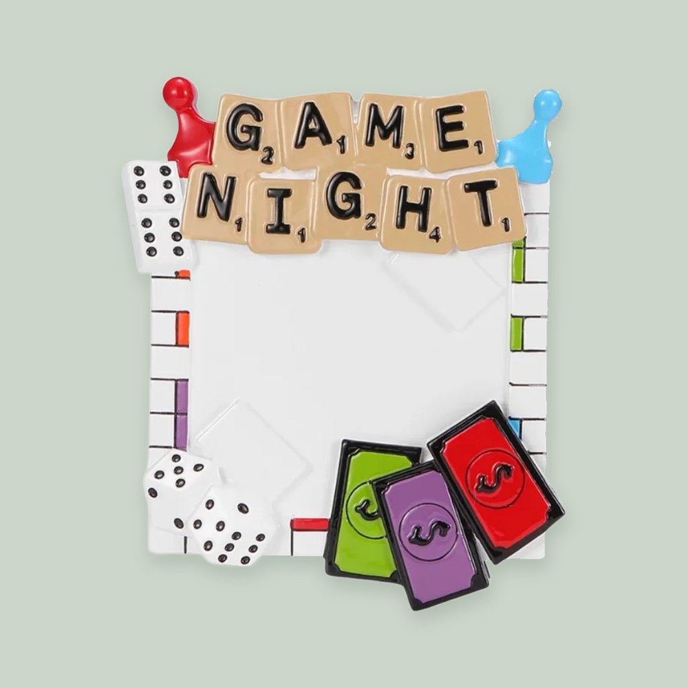 Board Game Night ornament on a sage green background