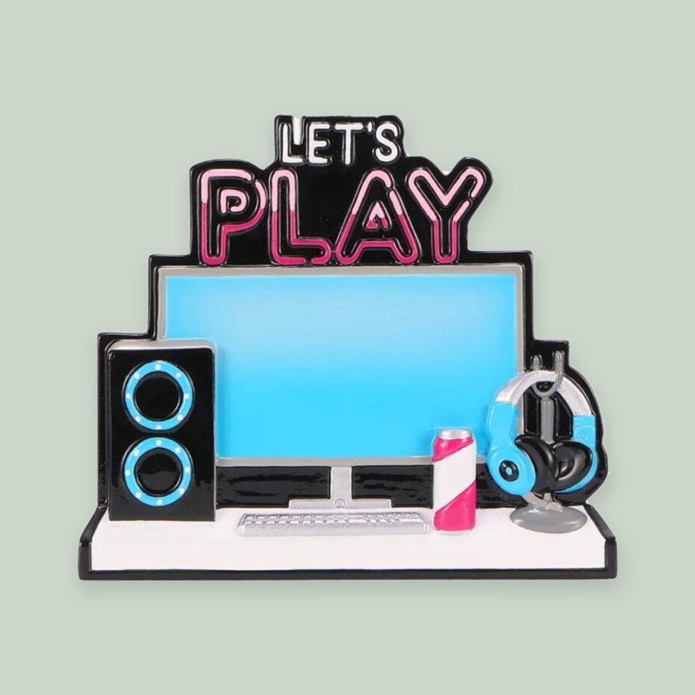Let’s Play Gaming Computer Desktop ornament on a sage green background