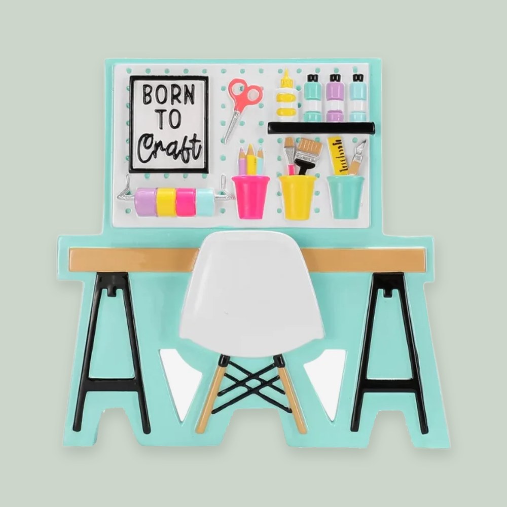 Crafting Table ornament on a sage green background