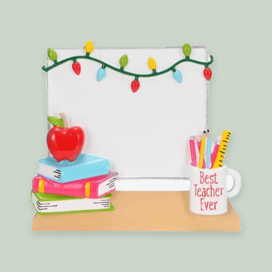 Christmas White Board for Teacher ornament on a sage green background