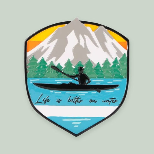 Adventure Badge Kayaking ornament on a sage green background
