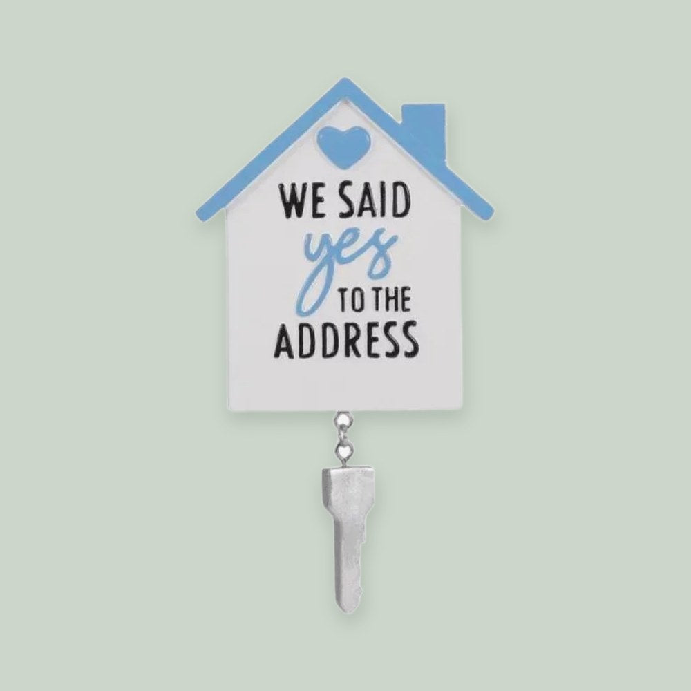 We Said Yes to the Address House with Dangling Key ornament on a sage green background