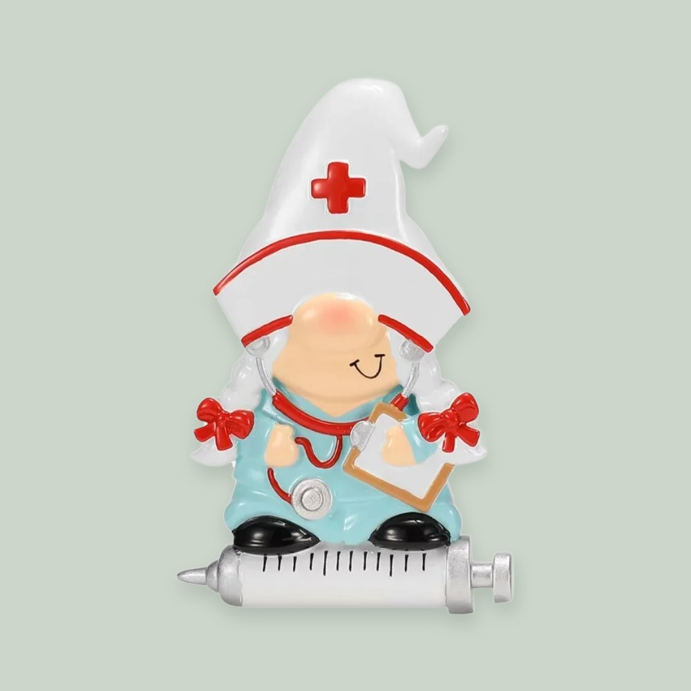 Nurse Gnome with Braids ornament on a sage green background