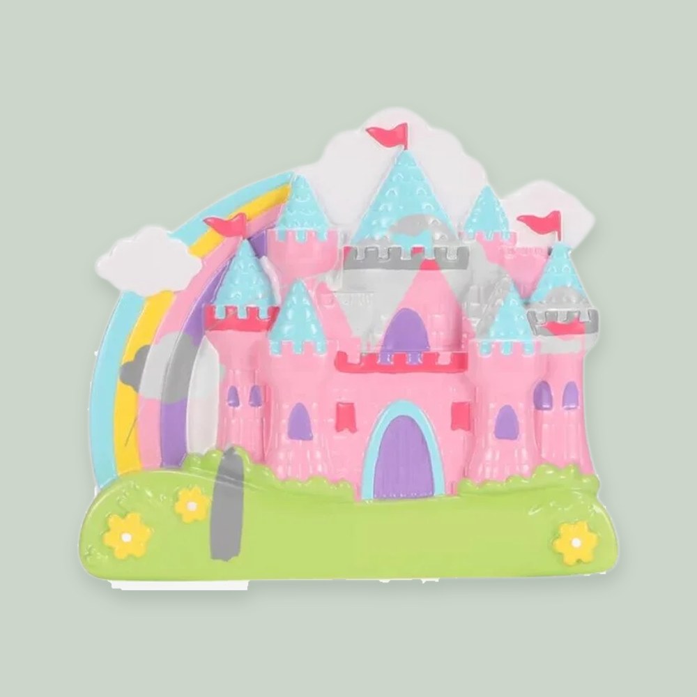 Rainbow Castle ornament on a sage green background