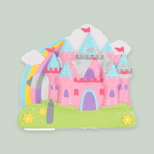 Rainbow Castle ornament on a sage green background