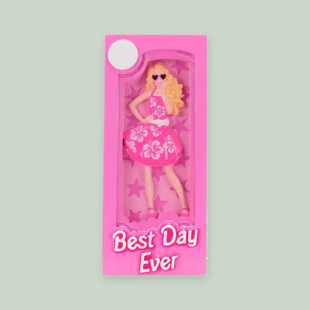 Pink Doll Box ornament on a sage green background