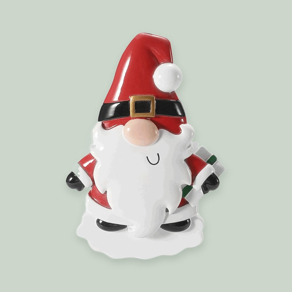 Santa Gnome ornament on a sage green background