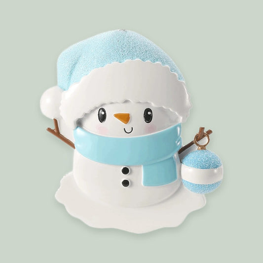Baby Snowman — Blue ornament on a sage green background