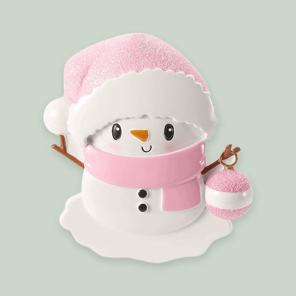 Baby Snowman — Pink ornament on a sage green background