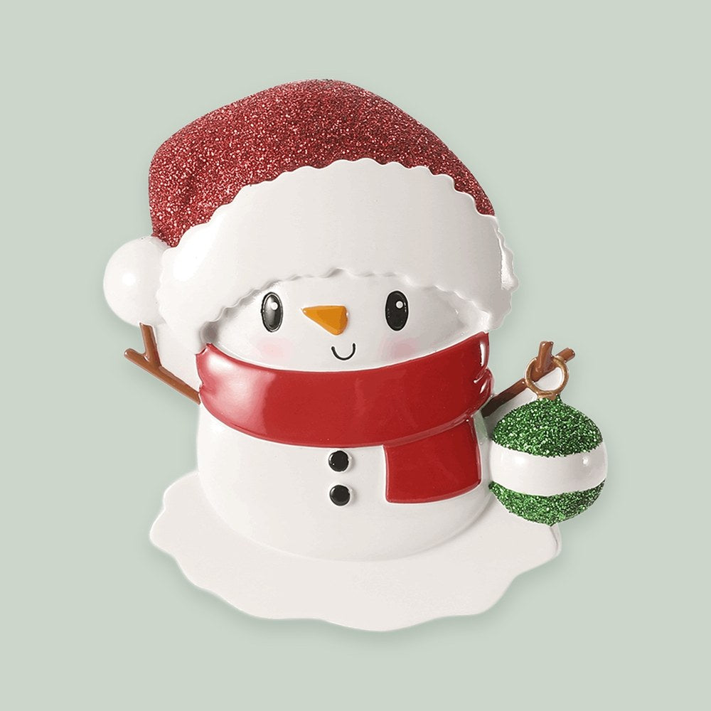 Baby Snowman — Red and Green ornament on a sage green background