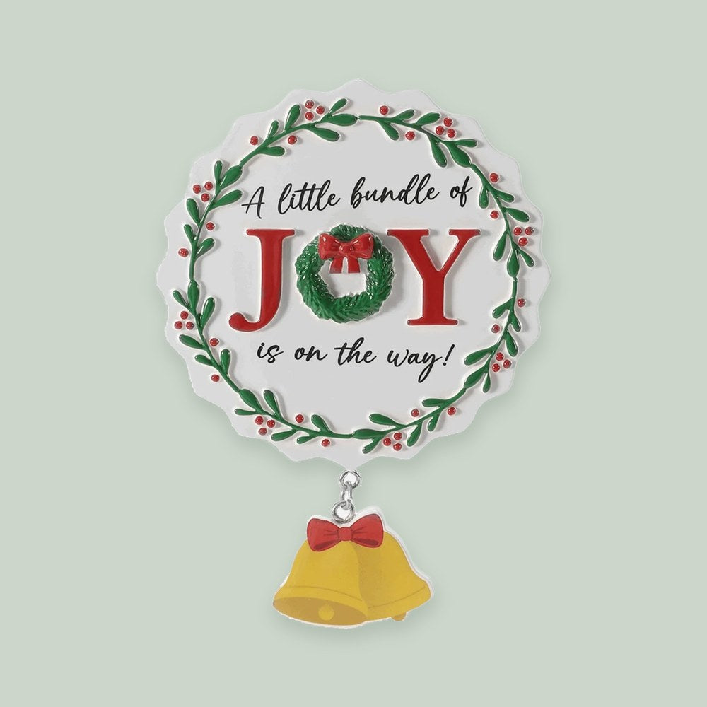 A Little Bundle of Joy Is on the Way ornament on a sage green background