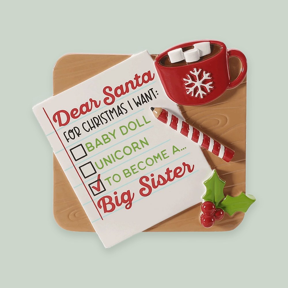 Note to Santa — Big Sister ornament on a sage green background