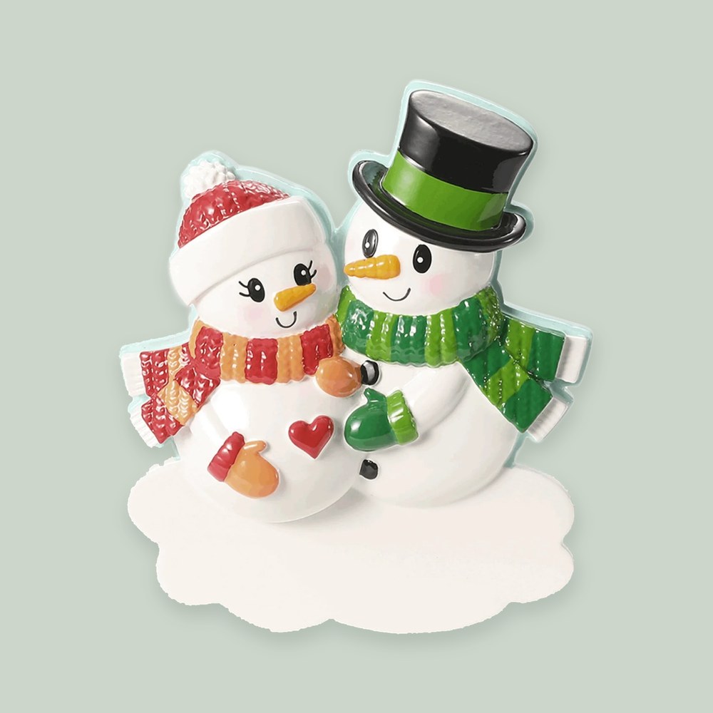 Snowman Couple — We're Expecting ornament on a sage green background