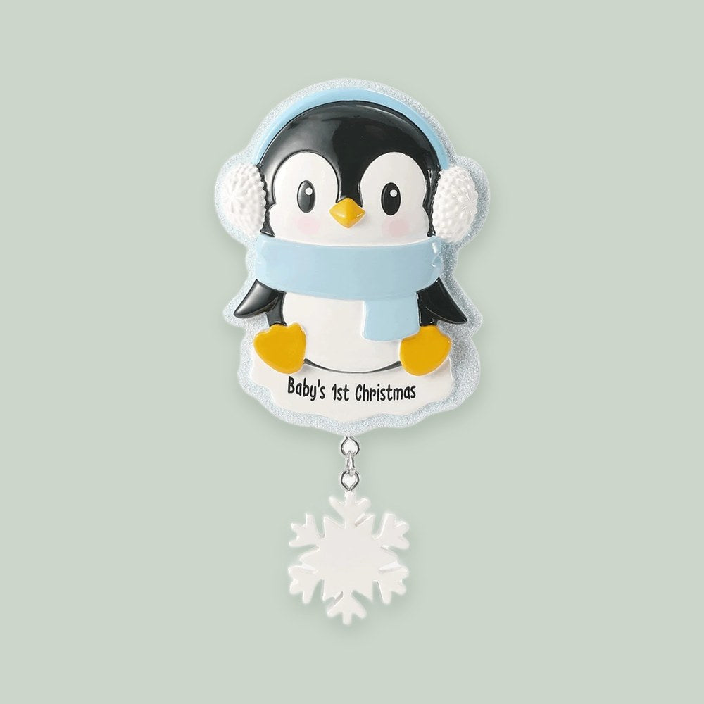 Baby Penguin — Blue ornament on a sage green background