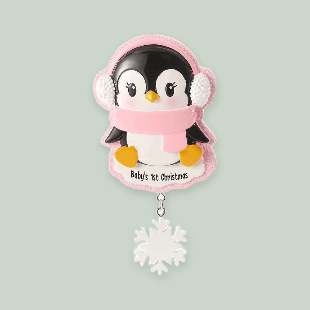 Baby Penguin — Pink ornament on a sage green background