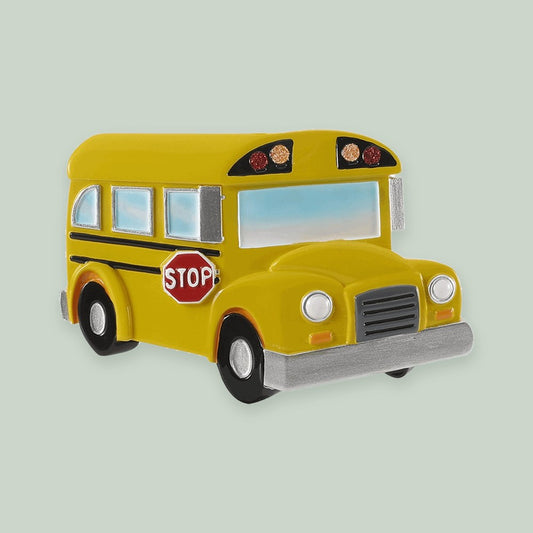 School Bus ornament on a sage green background