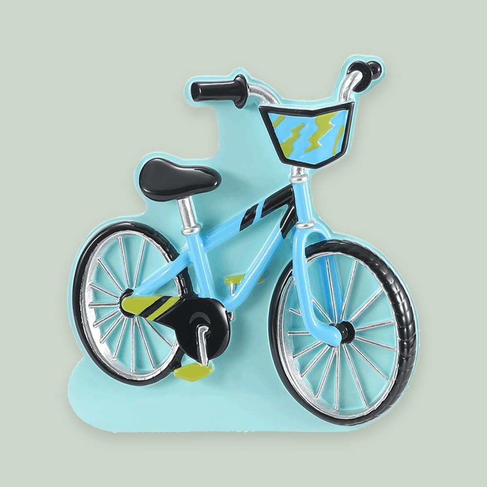 First Bike — Blue ornament on a sage green background