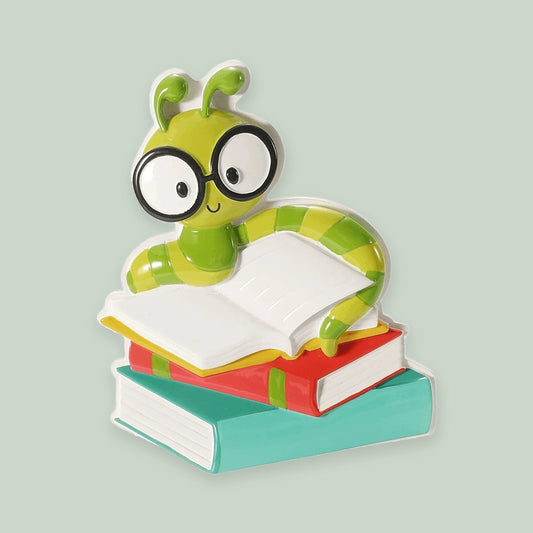 Book Worm ornament on a sage green background
