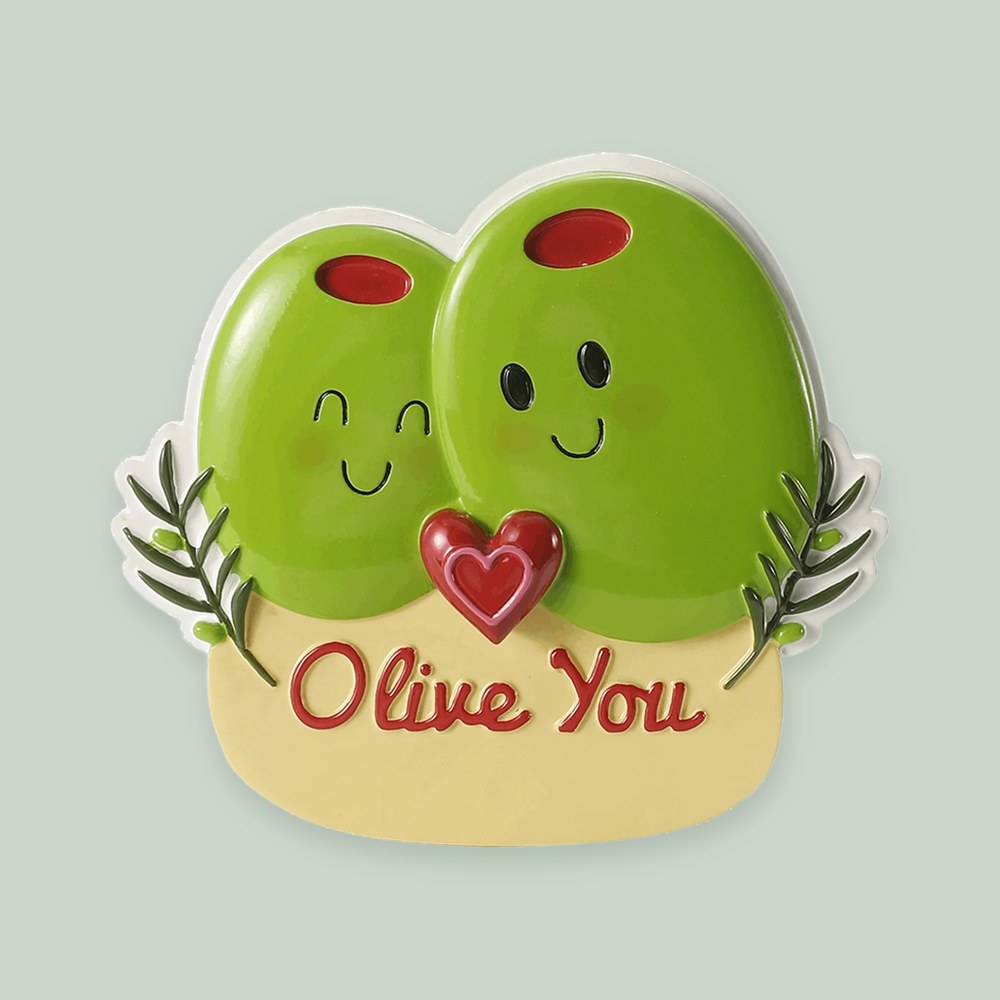 Olive You Couple ornament on a sage green background