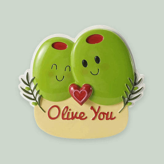 Olive You Couple ornament on a sage green background