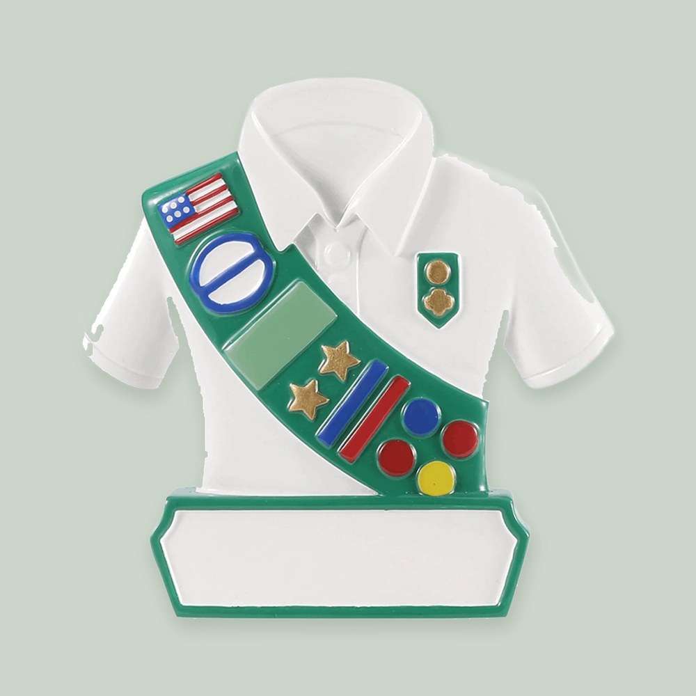 Girl Scout Uniform ornament on a sage green background