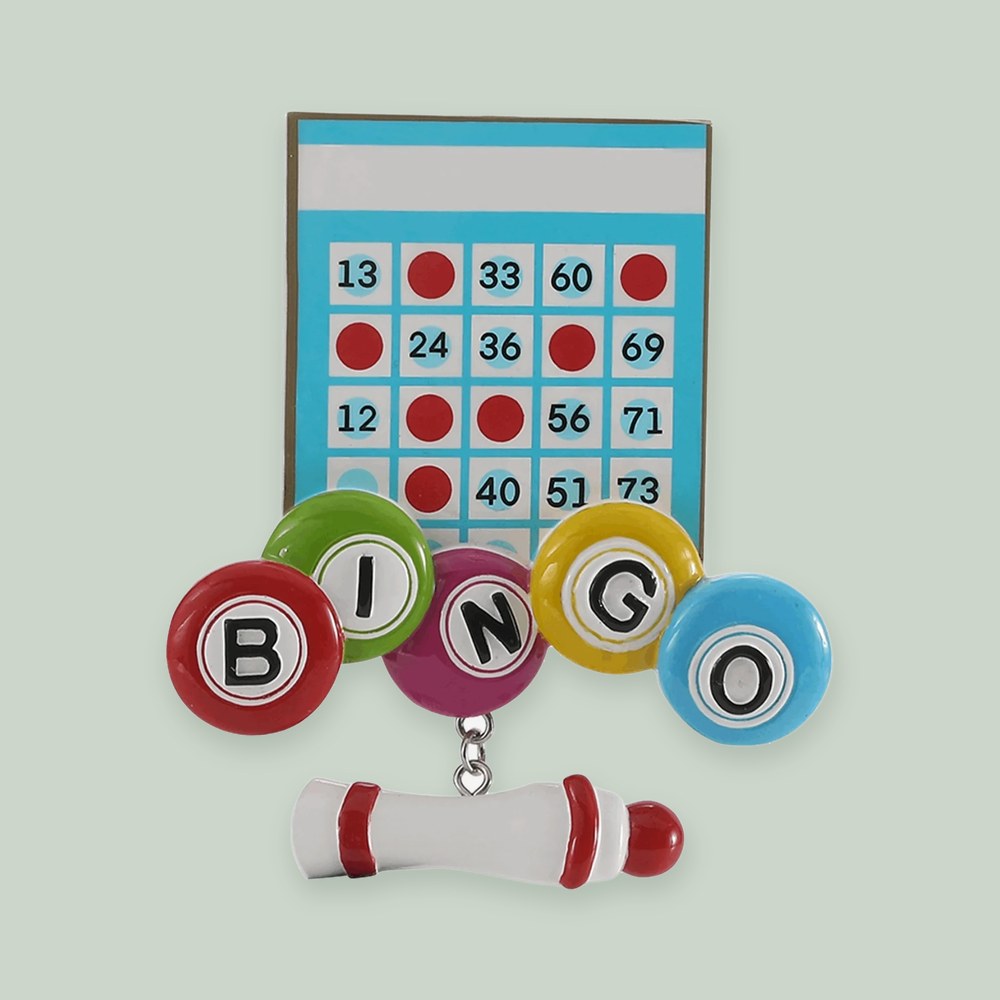 Bingo ornament on a sage green background