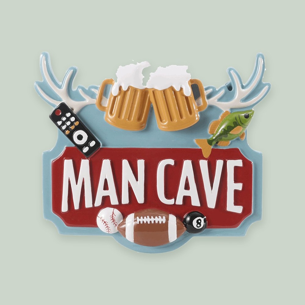 Man Cave ornament on a sage green background