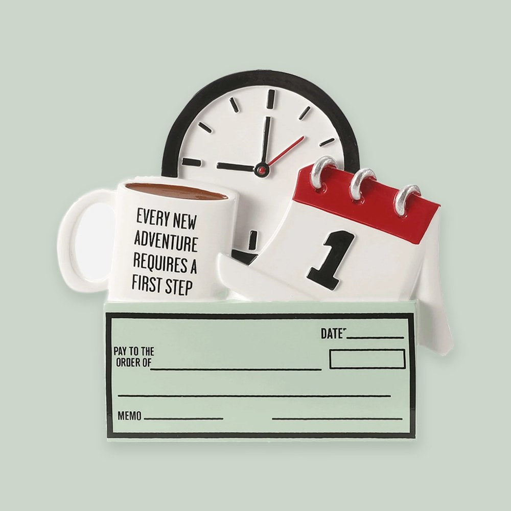 First Job (paycheck) ornament on a sage green background