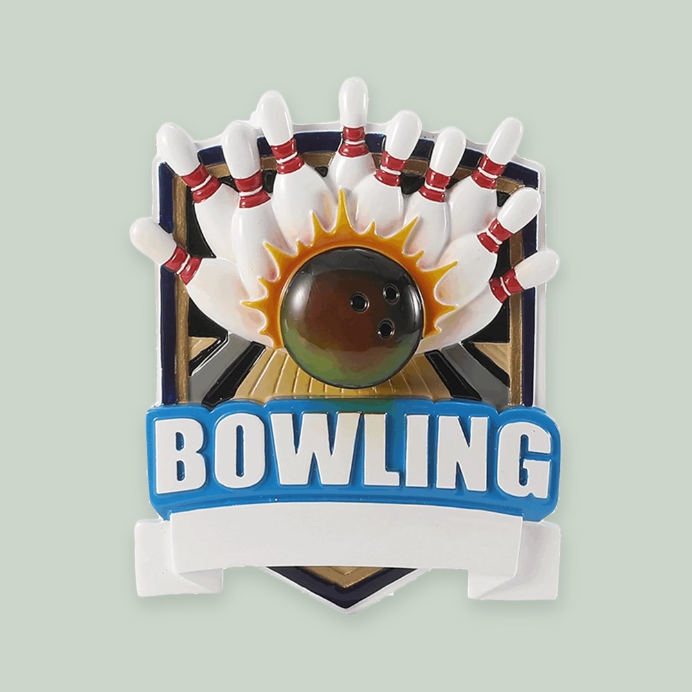 Bowling Shield ornament on a sage green background