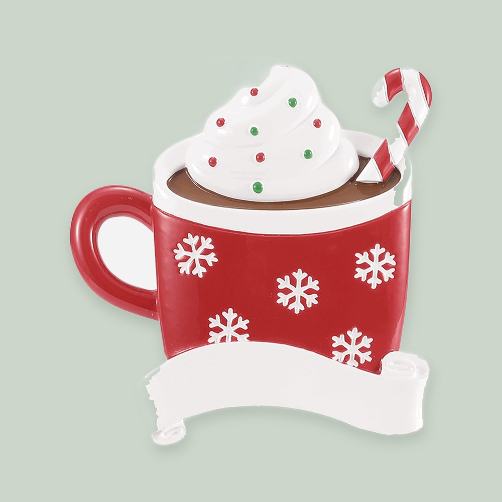 Christmas Hot Cocoa Mug ornament on a sage green background