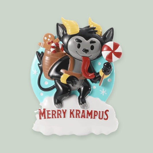 Krampus ornament on a sage green background