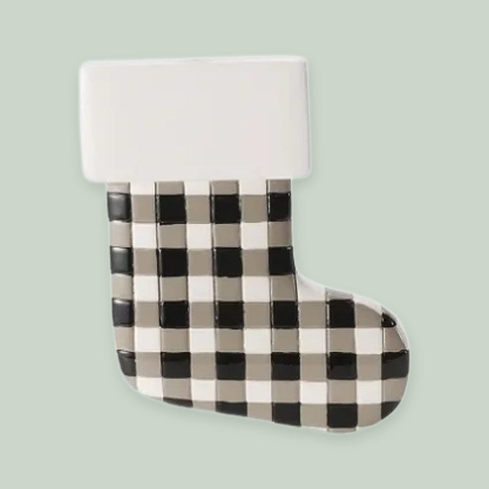 Farmhouse Stocking — Buffalo Check ornament on a sage green background