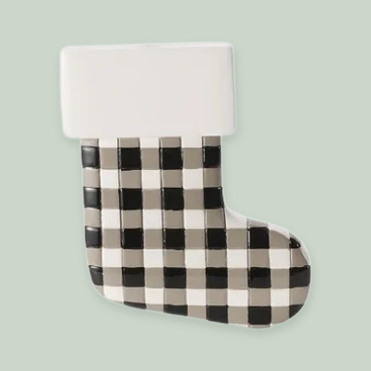 Farmhouse Stocking — Buffalo Check ornament on a sage green background