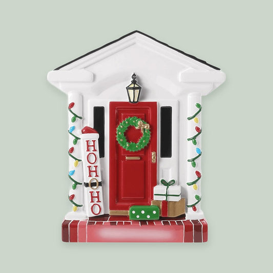 Red Christmas Door with Columns ornament on a sage green background