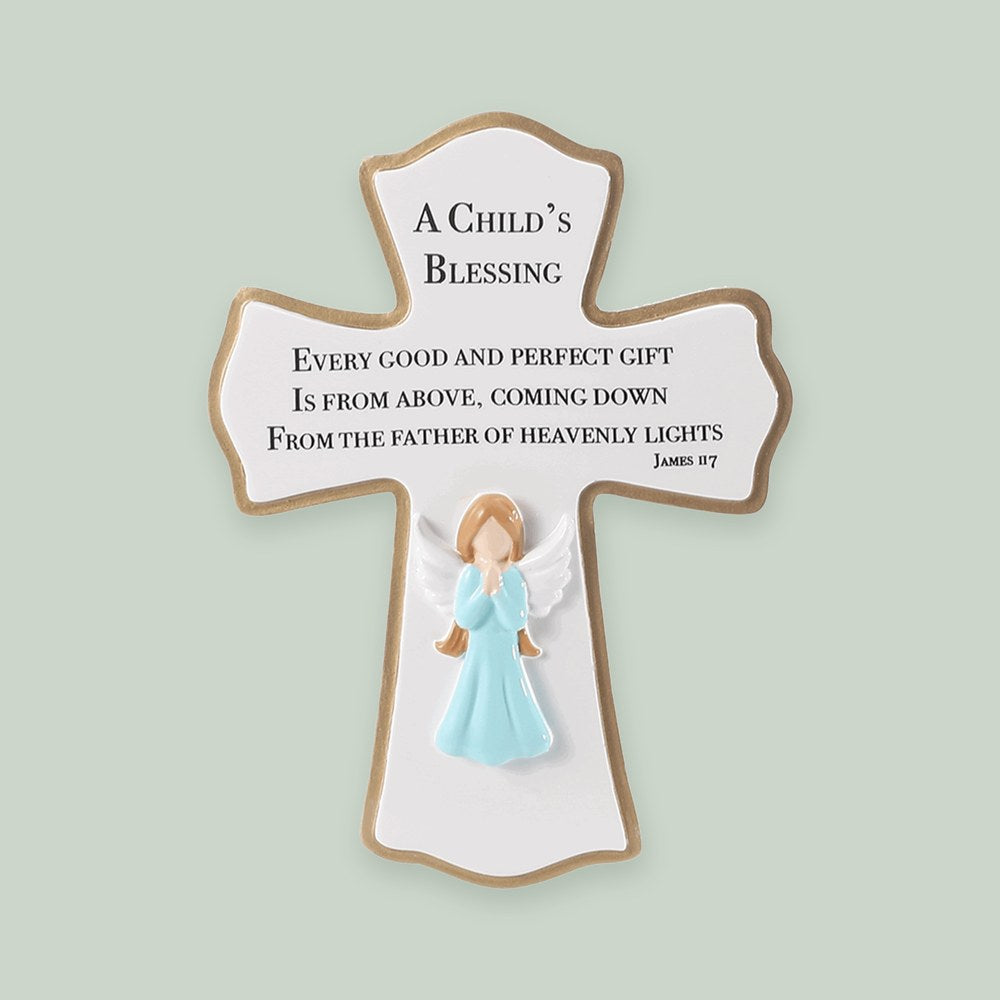 A Child's Blessing Cross ornament on a sage green background