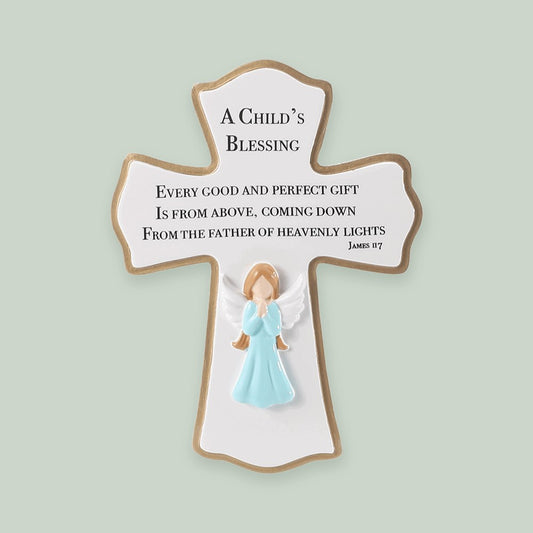 A Child's Blessing Cross ornament on a sage green background